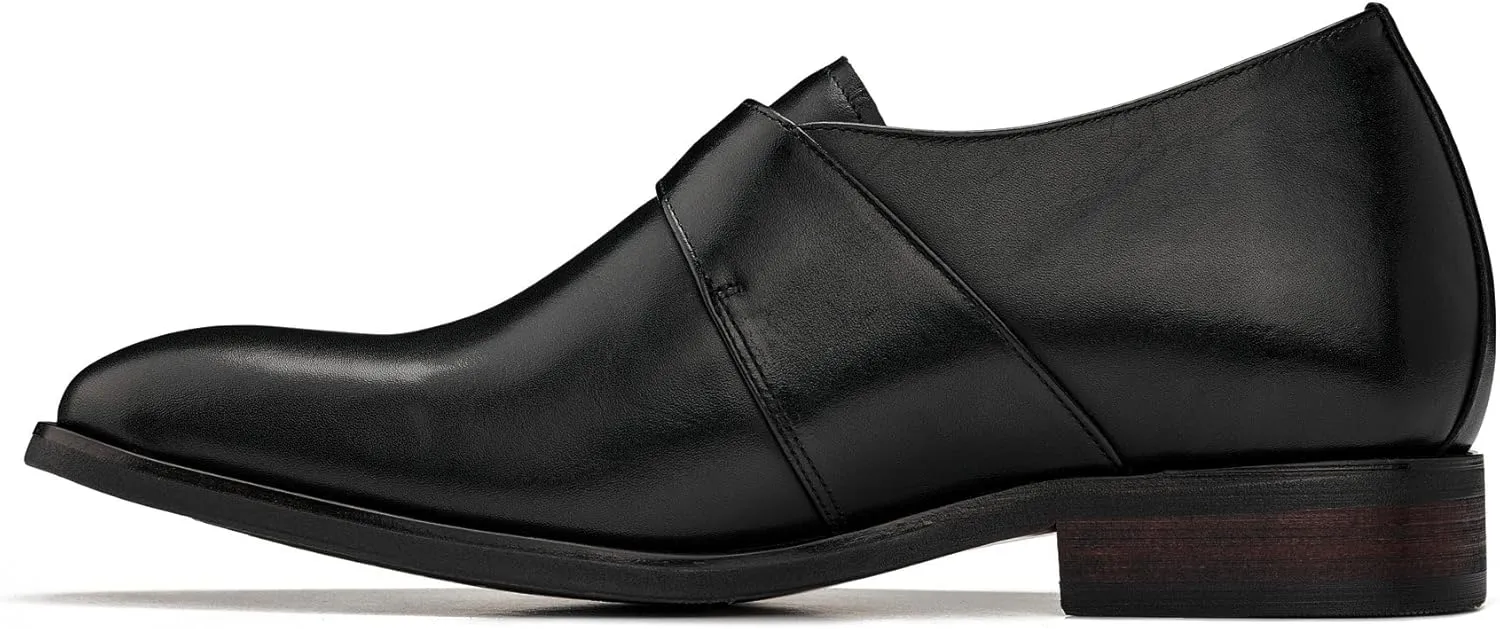 CALTO Men's Invisible Height Increasing Elevator Shoes - Black Leather Slip-on Monk-Strap Dress Loafers - 2.8 Inches Taller - Y7254 - Size 6.5 D(M) US