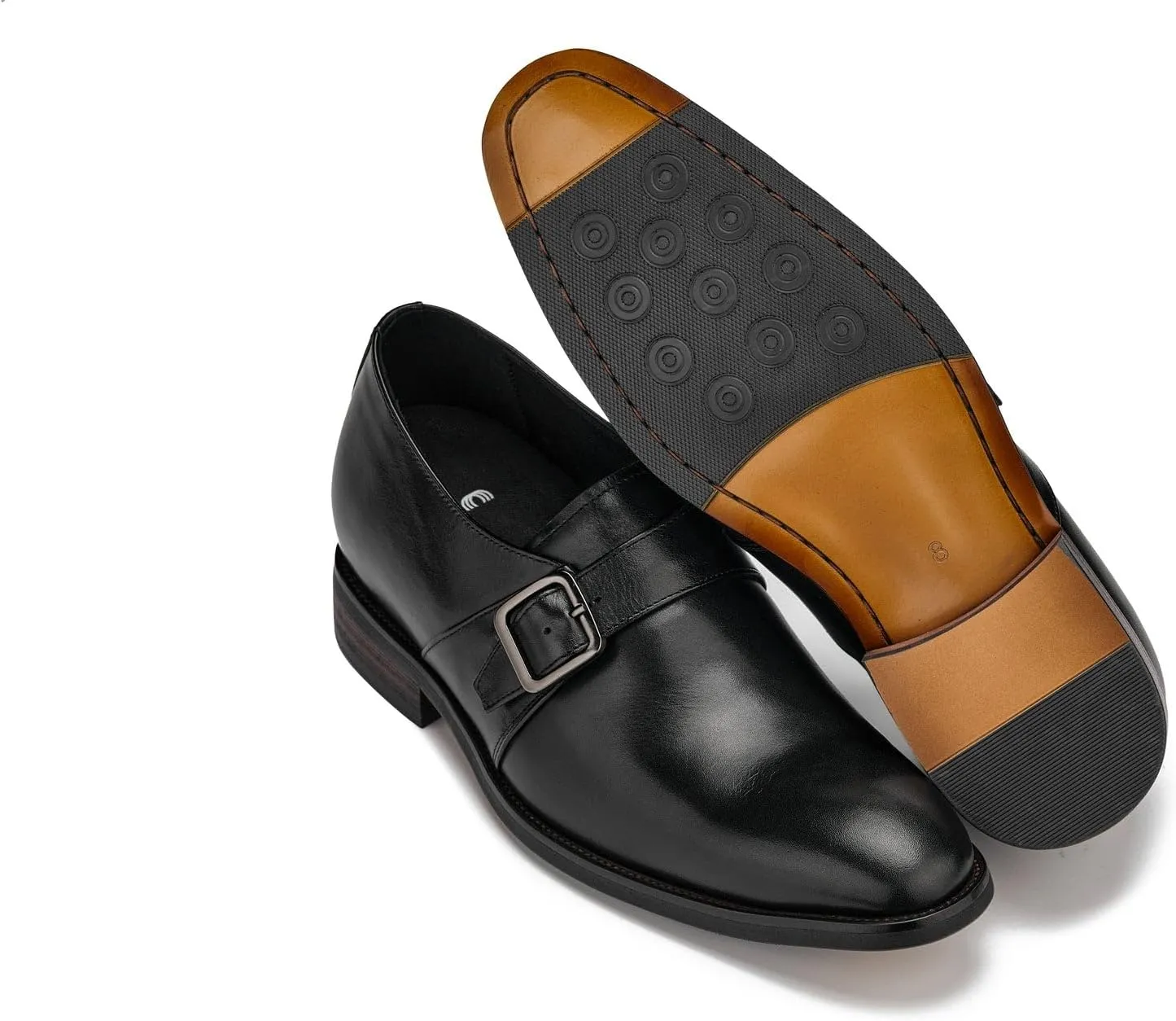 CALTO Men's Invisible Height Increasing Elevator Shoes - Black Leather Slip-on Monk-Strap Dress Loafers - 2.8 Inches Taller - Y7254 - Size 6.5 D(M) US