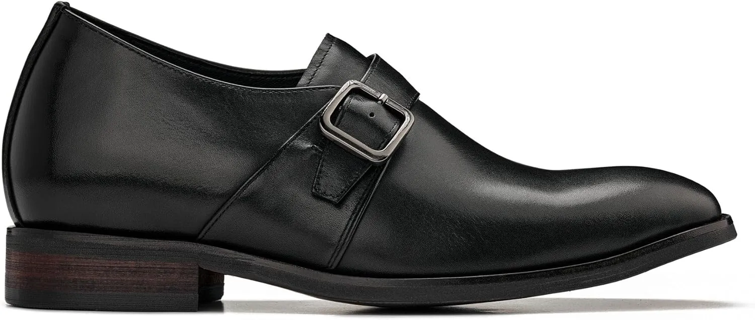 CALTO Men's Invisible Height Increasing Elevator Shoes - Black Leather Slip-on Monk-Strap Dress Loafers - 2.8 Inches Taller - Y7254 - Size 6.5 D(M) US