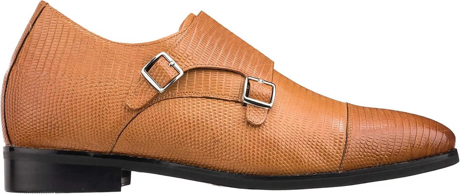 CALTO Men's Invisible Height Increasing Elevator Shoes - Brown Leather Slip-on Dual Monk Straps Formal Loafers- 2.8 Inches Taller - K3115 - Size 10 D(M) US
