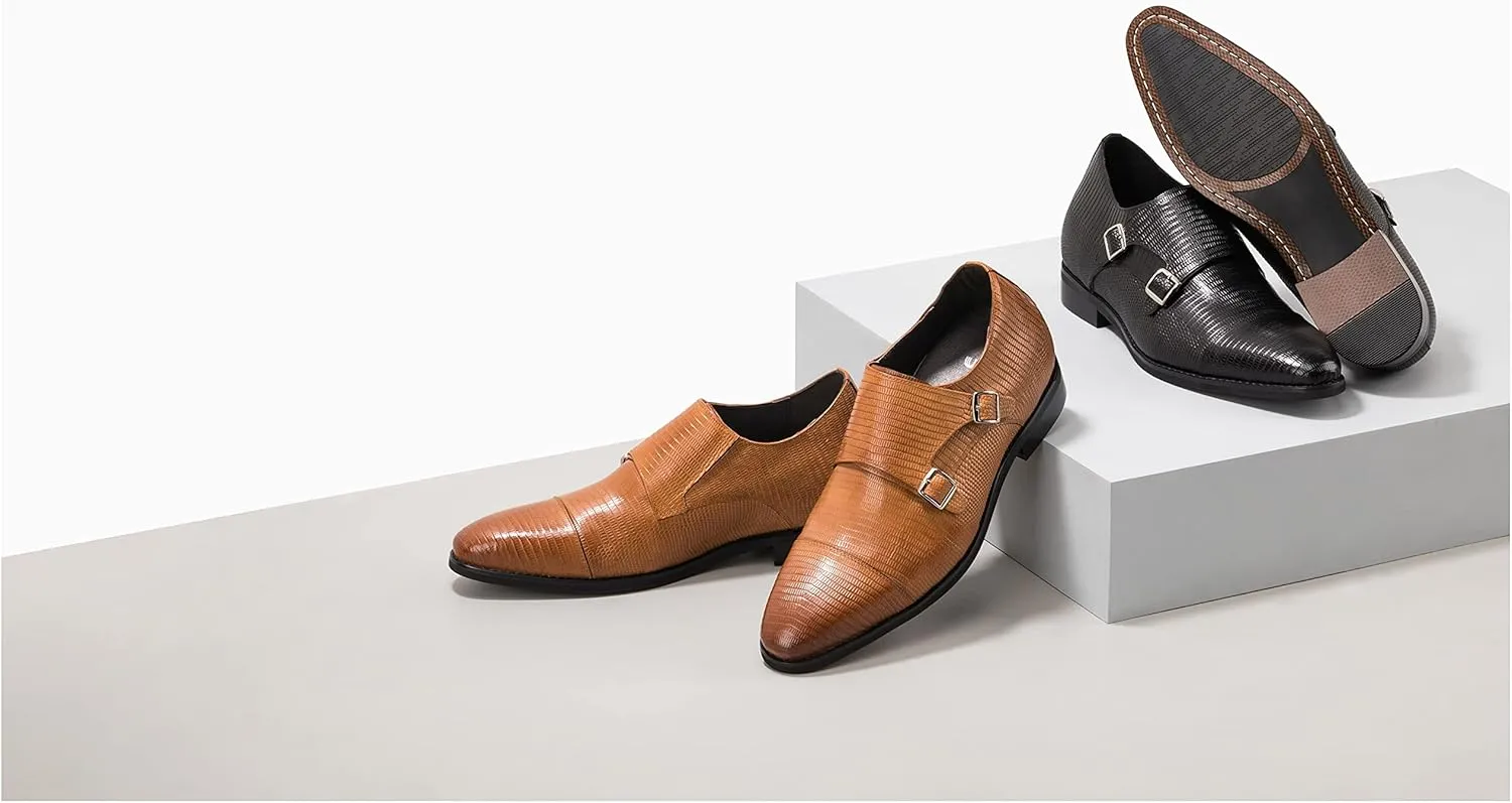 CALTO Men's Invisible Height Increasing Elevator Shoes - Brown Leather Slip-on Dual Monk Straps Formal Loafers- 2.8 Inches Taller - K3115 - Size 10 D(M) US