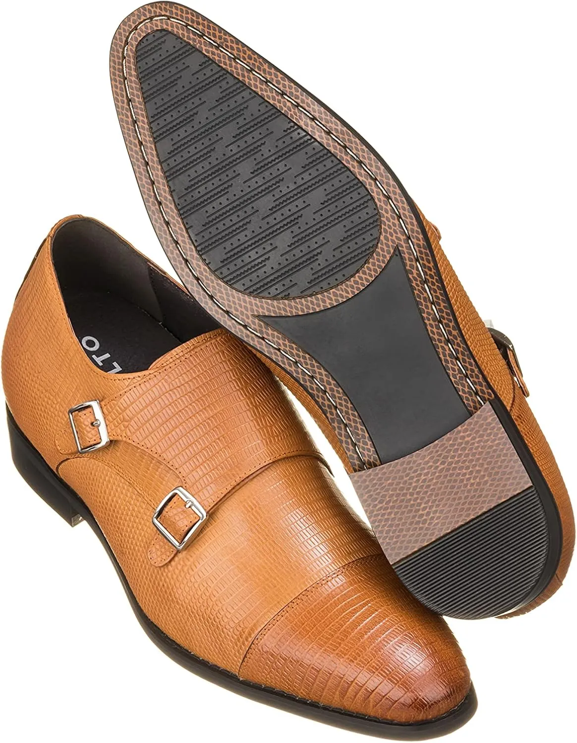CALTO Men's Invisible Height Increasing Elevator Shoes - Brown Leather Slip-on Dual Monk Straps Formal Loafers- 2.8 Inches Taller - K3115 - Size 10 D(M) US