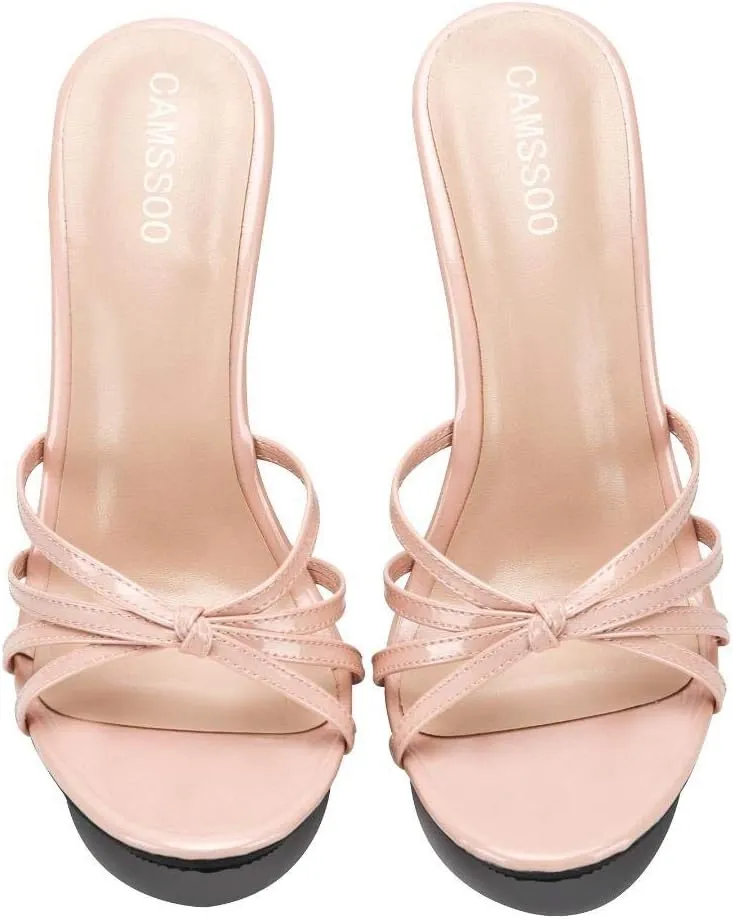 CAMSSOO Women's Strappy Heeled Sandals Stiletto Mules Open Toe Platform High Heels Slip on Sandals