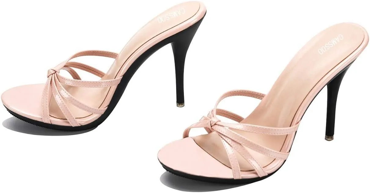 CAMSSOO Women's Strappy Heeled Sandals Stiletto Mules Open Toe Platform High Heels Slip on Sandals