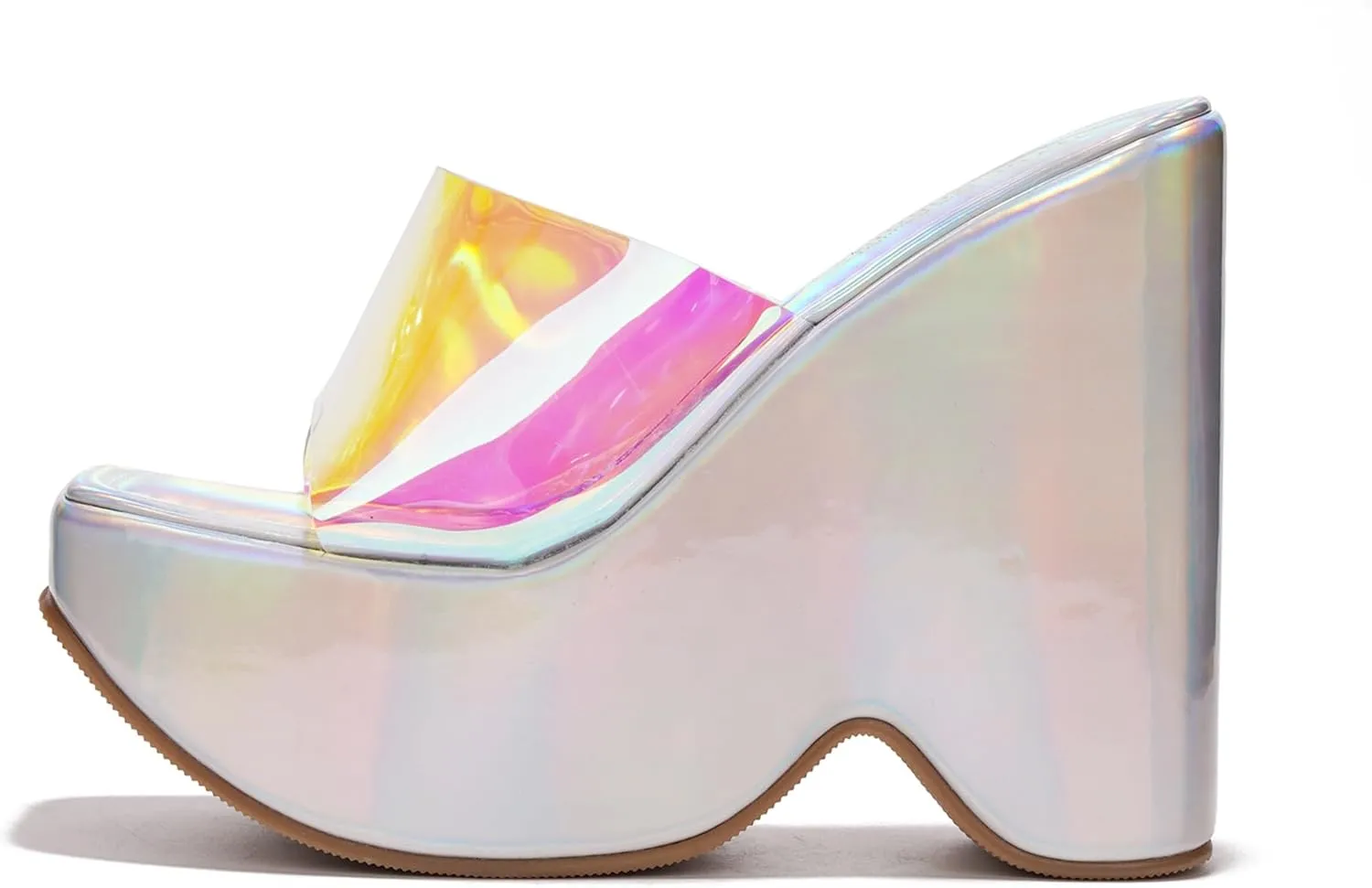 Cape Robbin Women's Platform Wedge Sandals - 6-Inch Heel Square Open Toe Slip-On Clear Strap (Pinkki)