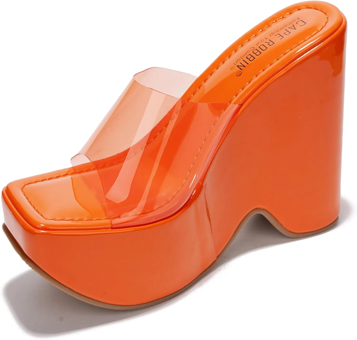 Cape Robbin Women's Platform Wedge Sandals - 6-Inch Heel Square Open Toe Slip-On Clear Strap (Pinkki)