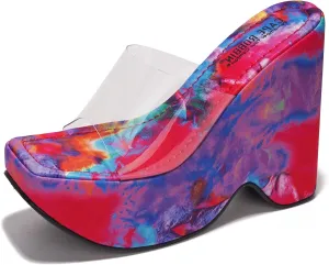Cape Robbin Women's Platform Wedge Sandals - 6-Inch Heel Square Open Toe Slip-On Clear Strap (Pinkki)