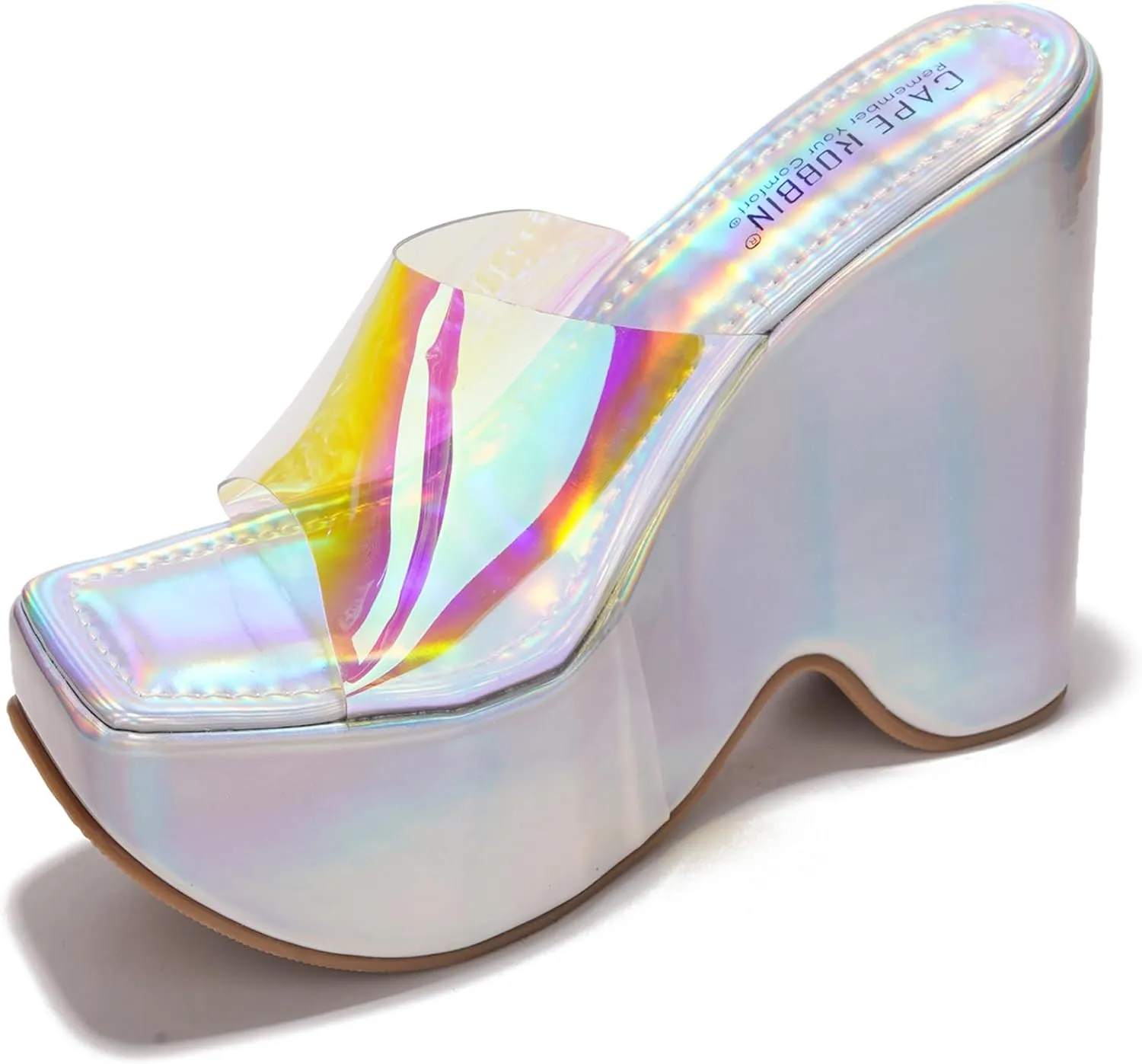 Cape Robbin Women's Platform Wedge Sandals - 6-Inch Heel Square Open Toe Slip-On Clear Strap (Pinkki)