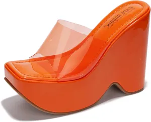 Cape Robbin Women's Platform Wedge Sandals - 6-Inch Heel Square Open Toe Slip-On Clear Strap (Pinkki)