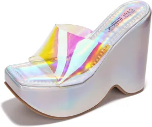 Cape Robbin Women's Platform Wedge Sandals - 6-Inch Heel Square Open Toe Slip-On Clear Strap (Pinkki)