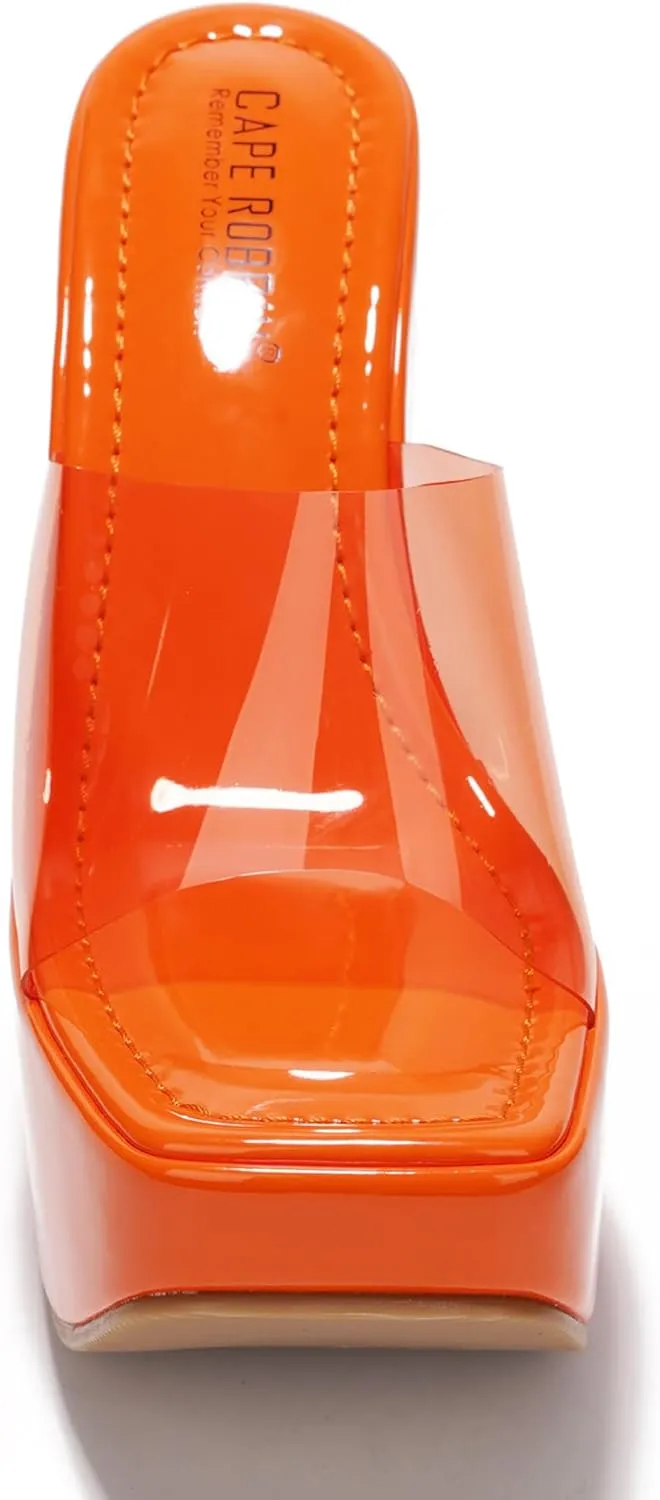 Cape Robbin Women's Platform Wedge Sandals - 6-Inch Heel Square Open Toe Slip-On Clear Strap (Pinkki)