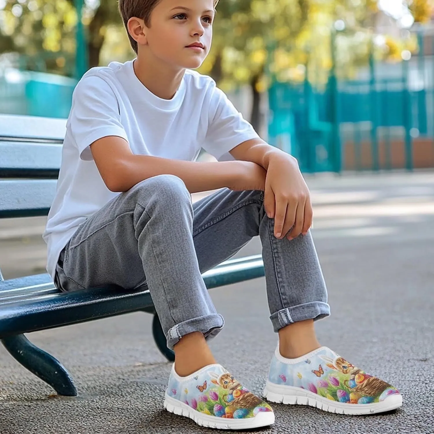 Casual Mesh Laceless Shoes Girls Boys Slip On Shoes-White Sole