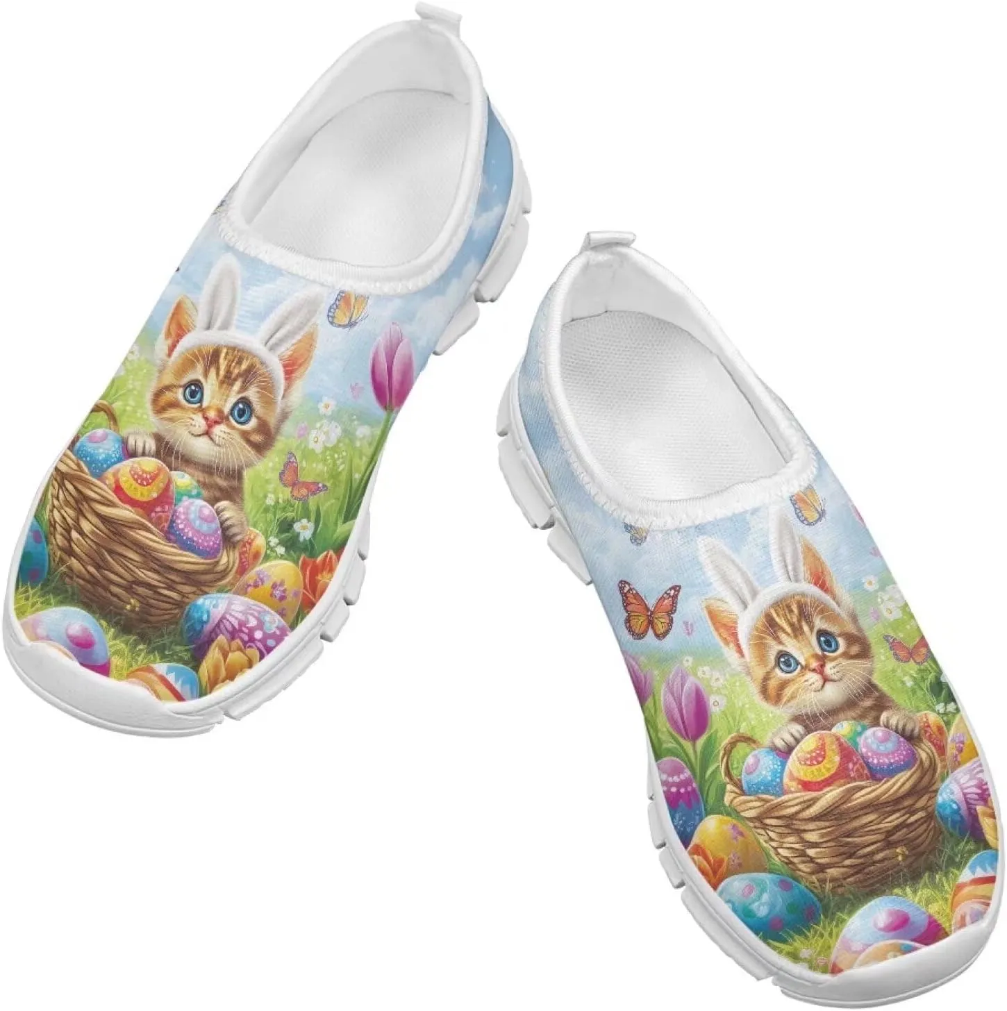 Casual Mesh Laceless Shoes Girls Boys Slip On Shoes-White Sole