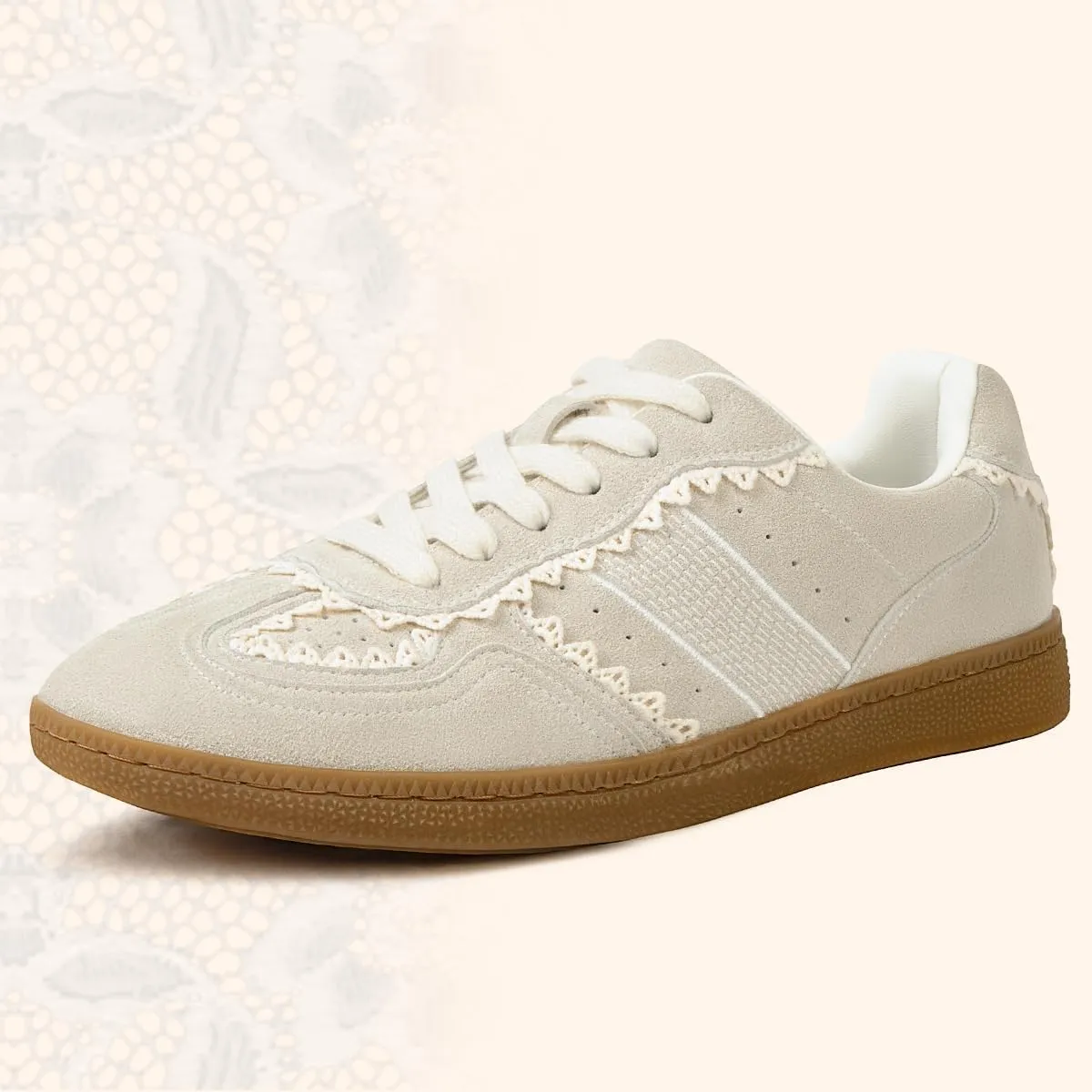 Casual Sneakers for Women Lace Detail – Elegant Ribbon Lace-Up Fashion Sneakers with Leather Upper Memory Foam Insole and Slip On Trendy Casual Shoes for Women