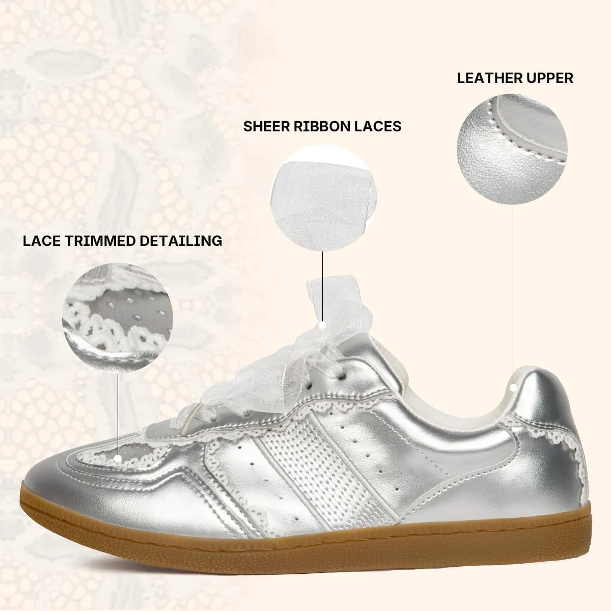 Casual Sneakers for Women Lace Detail – Elegant Ribbon Lace-Up Fashion Sneakers with Leather Upper Memory Foam Insole and Slip On Trendy Casual Shoes for Women