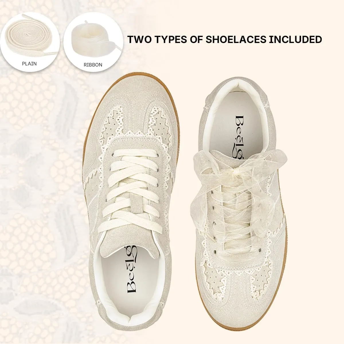 Casual Sneakers for Women Lace Detail – Elegant Ribbon Lace-Up Fashion Sneakers with Leather Upper Memory Foam Insole and Slip On Trendy Casual Shoes for Women