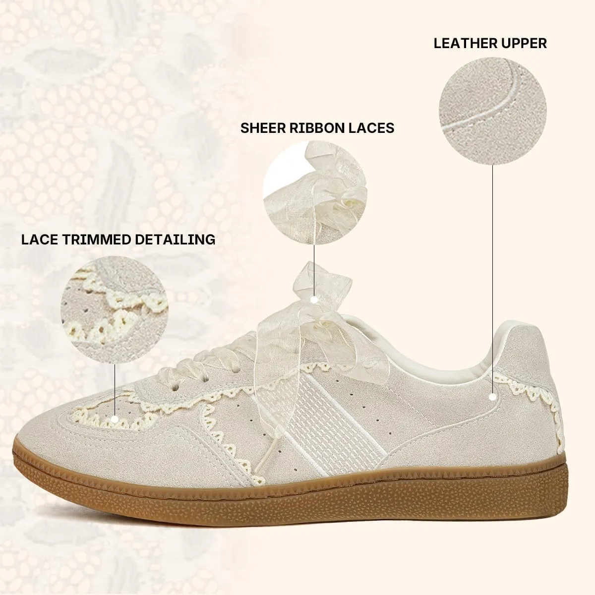 Casual Sneakers for Women Lace Detail – Elegant Ribbon Lace-Up Fashion Sneakers with Leather Upper Memory Foam Insole and Slip On Trendy Casual Shoes for Women