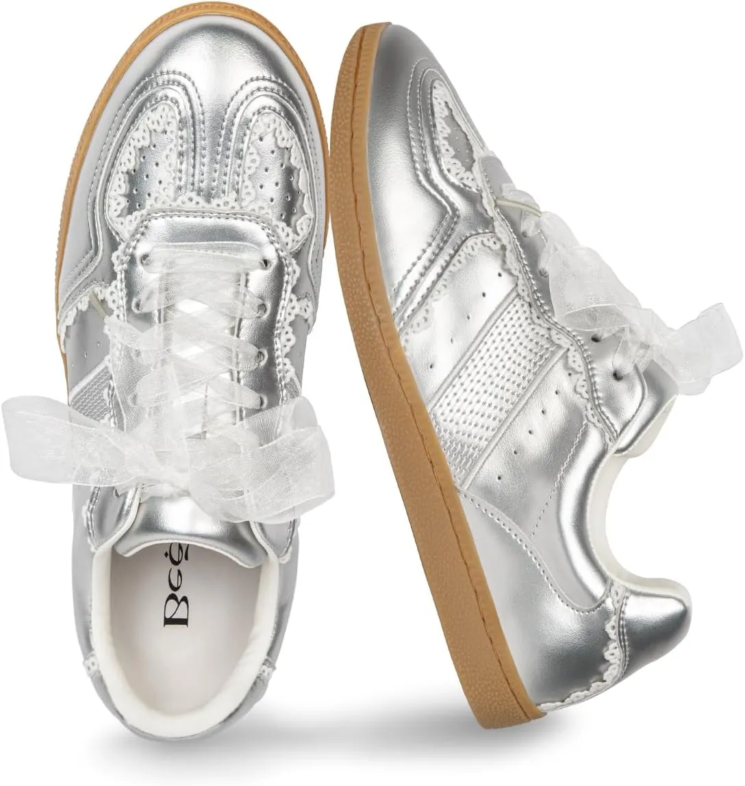 Casual Sneakers for Women Lace Detail – Elegant Ribbon Lace-Up Fashion Sneakers with Leather Upper Memory Foam Insole and Slip On Trendy Casual Shoes for Women