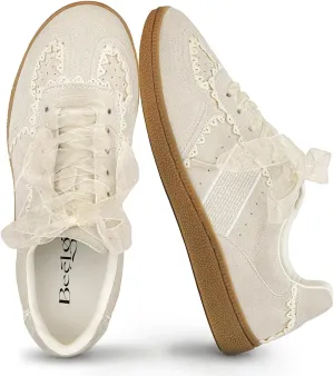 Casual Sneakers for Women Lace Detail – Elegant Ribbon Lace-Up Fashion Sneakers with Leather Upper Memory Foam Insole and Slip On Trendy Casual Shoes for Women