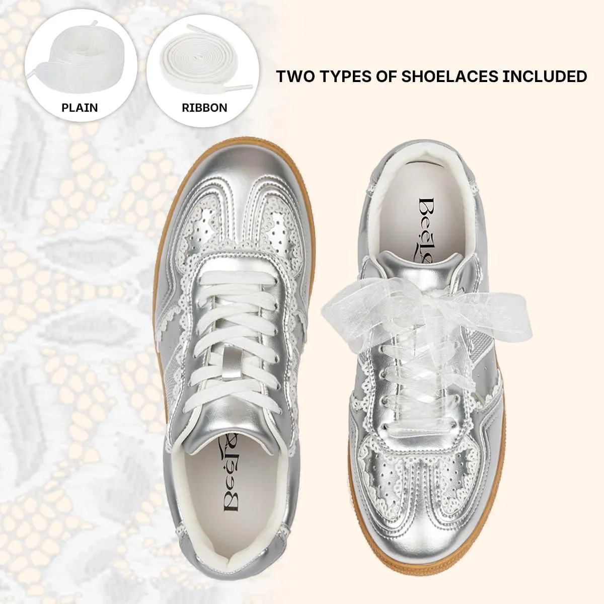 Casual Sneakers for Women Lace Detail – Elegant Ribbon Lace-Up Fashion Sneakers with Leather Upper Memory Foam Insole and Slip On Trendy Casual Shoes for Women