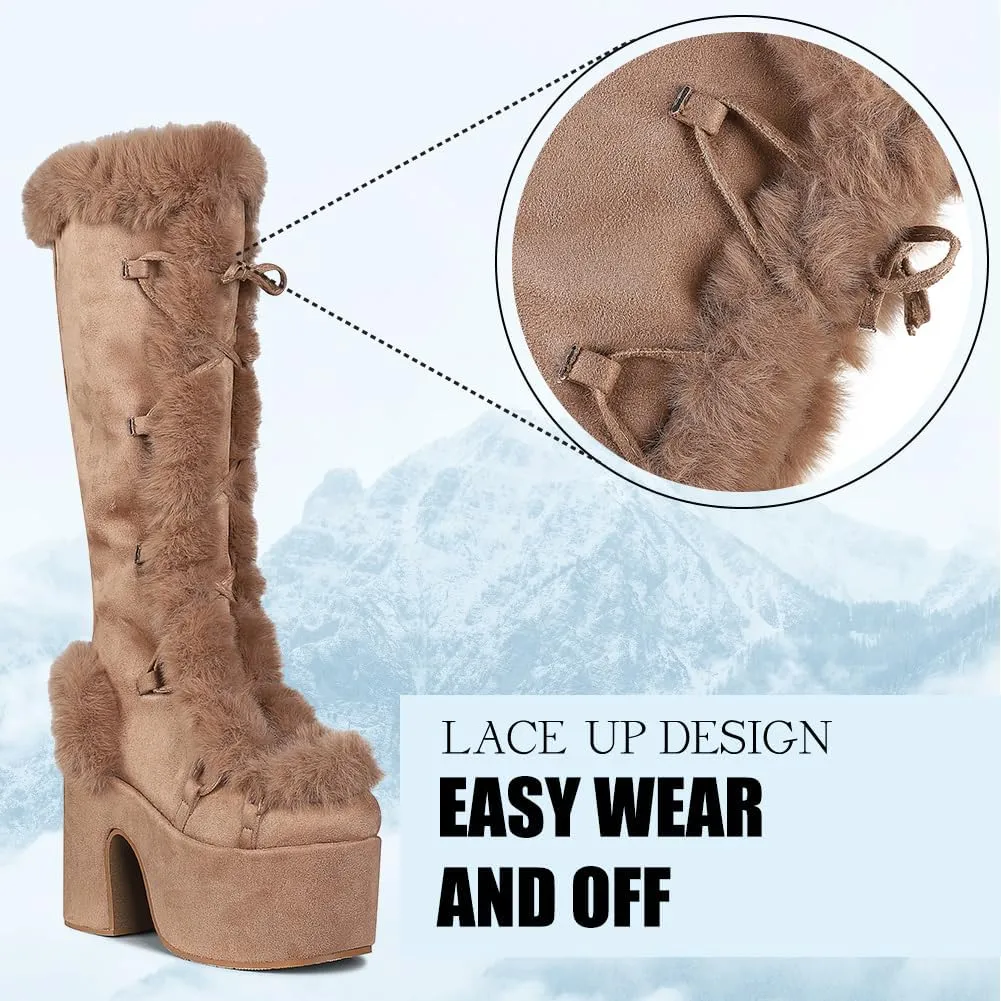 CELNEPHO Knee High Boots For Womens Side Zipper Warm Faux Fur Platform Chunky Heel Punk Goth Walking Winter Snow Boots