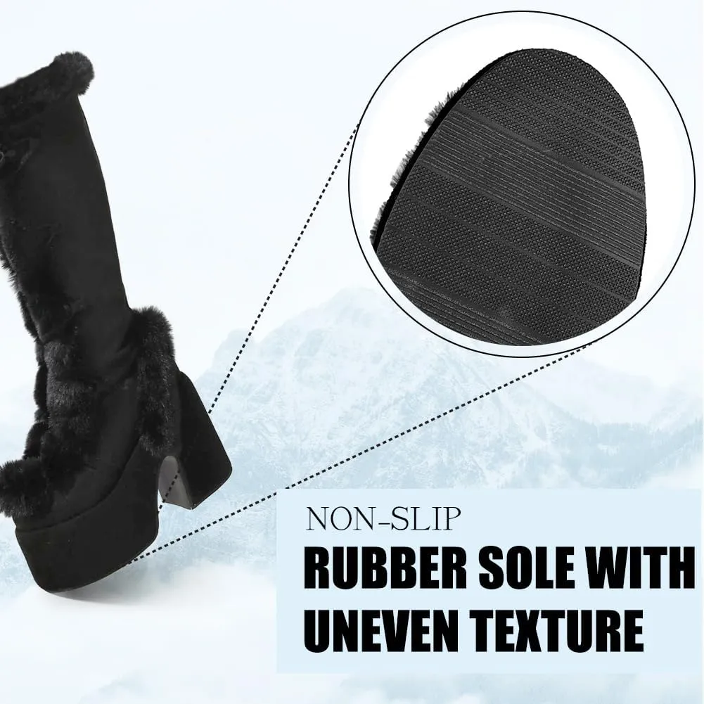 CELNEPHO Knee High Boots For Womens Side Zipper Warm Faux Fur Platform Chunky Heel Punk Goth Walking Winter Snow Boots