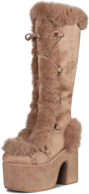 CELNEPHO Knee High Boots For Womens Side Zipper Warm Faux Fur Platform Chunky Heel Punk Goth Walking Winter Snow Boots