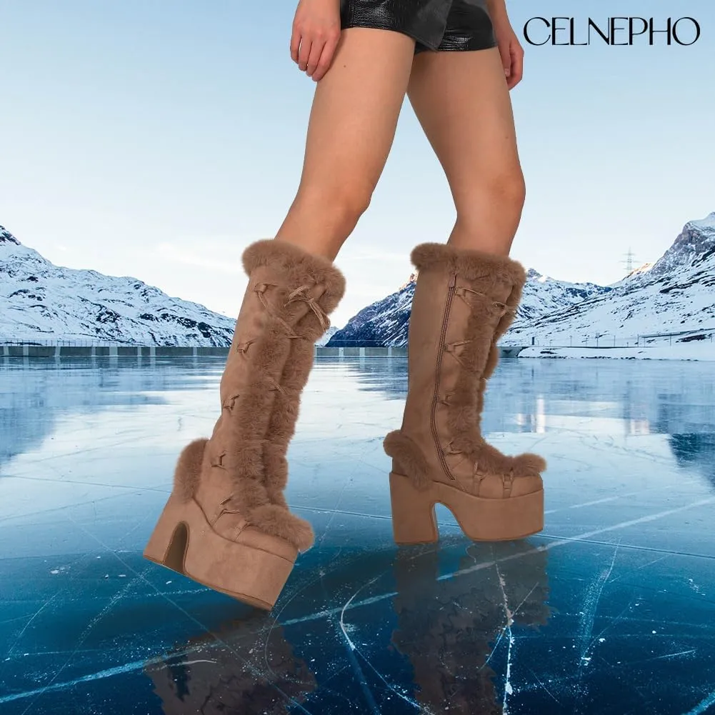 CELNEPHO Knee High Boots For Womens Side Zipper Warm Faux Fur Platform Chunky Heel Punk Goth Walking Winter Snow Boots
