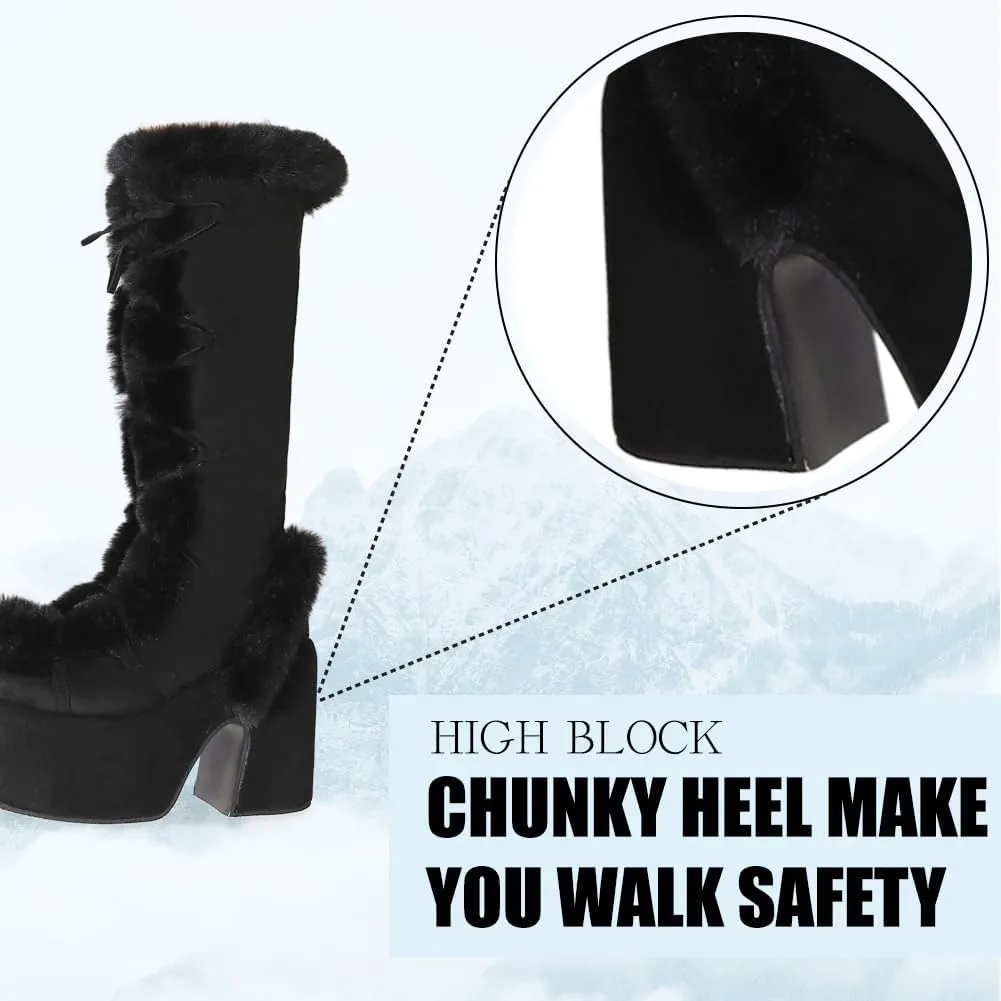 CELNEPHO Knee High Boots For Womens Side Zipper Warm Faux Fur Platform Chunky Heel Punk Goth Walking Winter Snow Boots