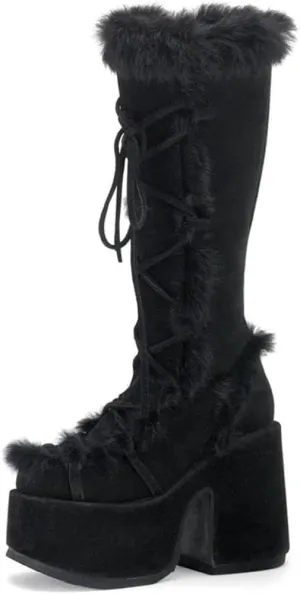 CELNEPHO Knee High Boots For Womens Side Zipper Warm Faux Fur Platform Chunky Heel Punk Goth Walking Winter Snow Boots
