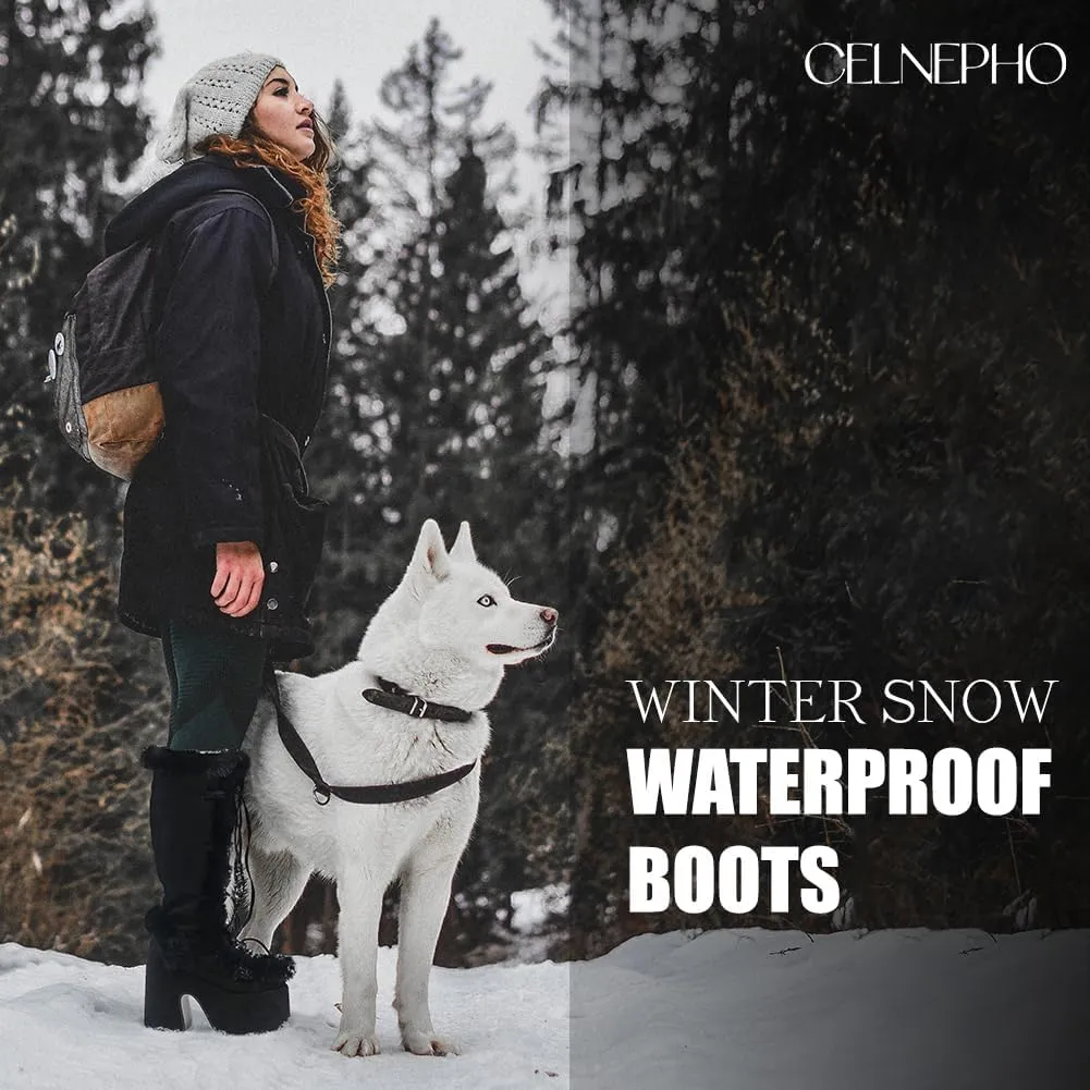 CELNEPHO Knee High Boots For Womens Side Zipper Warm Faux Fur Platform Chunky Heel Punk Goth Walking Winter Snow Boots