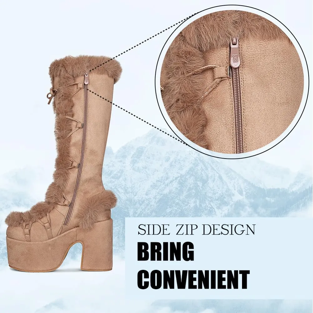 CELNEPHO Knee High Boots For Womens Side Zipper Warm Faux Fur Platform Chunky Heel Punk Goth Walking Winter Snow Boots