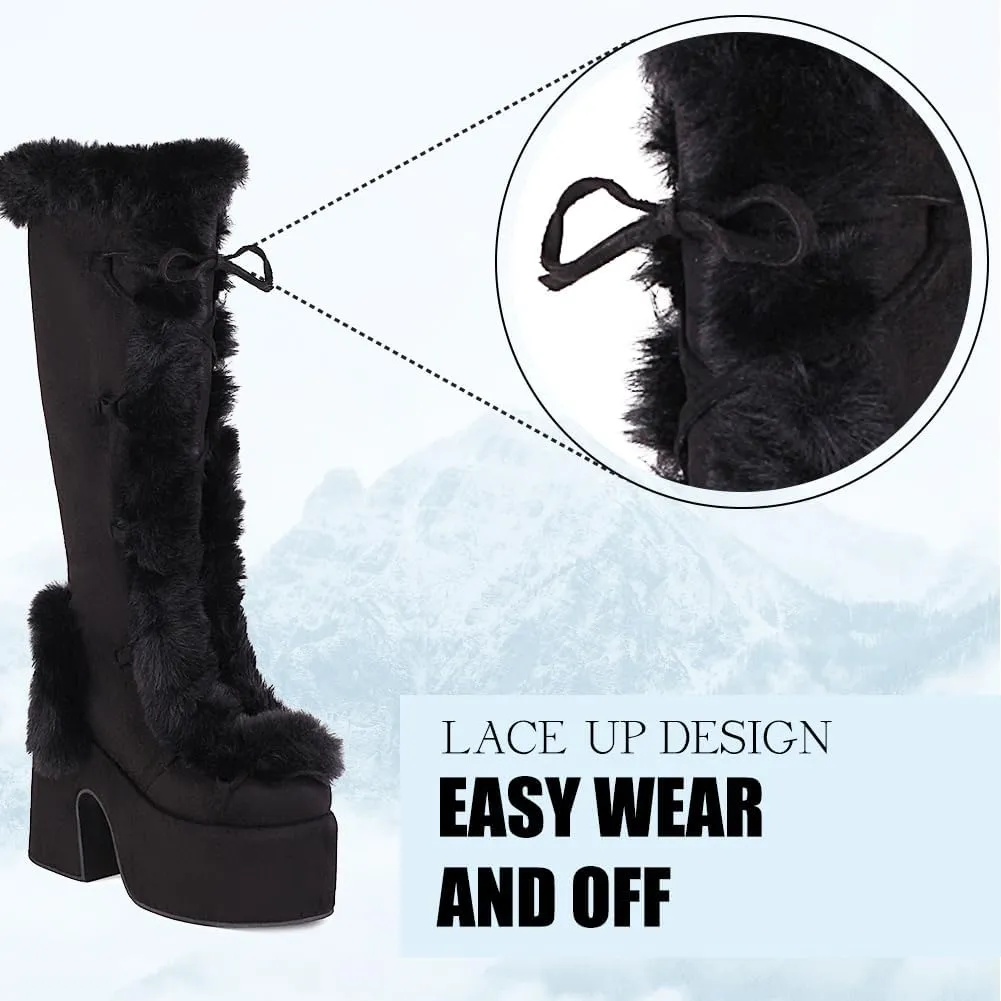 CELNEPHO Knee High Boots For Womens Side Zipper Warm Faux Fur Platform Chunky Heel Punk Goth Walking Winter Snow Boots