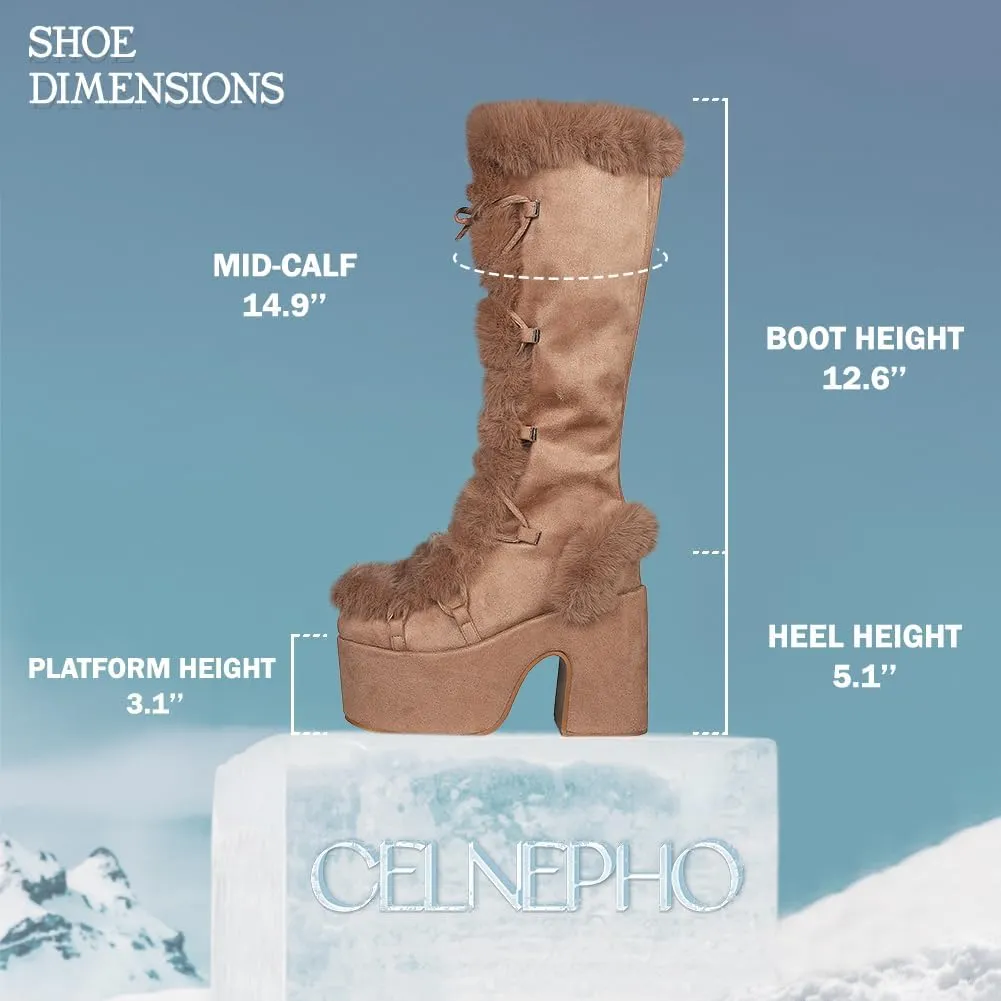 CELNEPHO Knee High Boots For Womens Side Zipper Warm Faux Fur Platform Chunky Heel Punk Goth Walking Winter Snow Boots