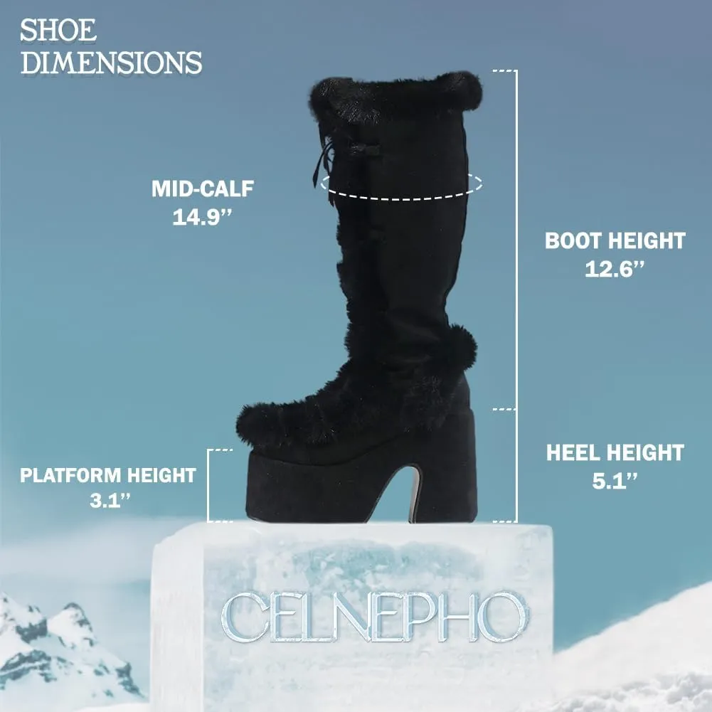 CELNEPHO Knee High Boots For Womens Side Zipper Warm Faux Fur Platform Chunky Heel Punk Goth Walking Winter Snow Boots