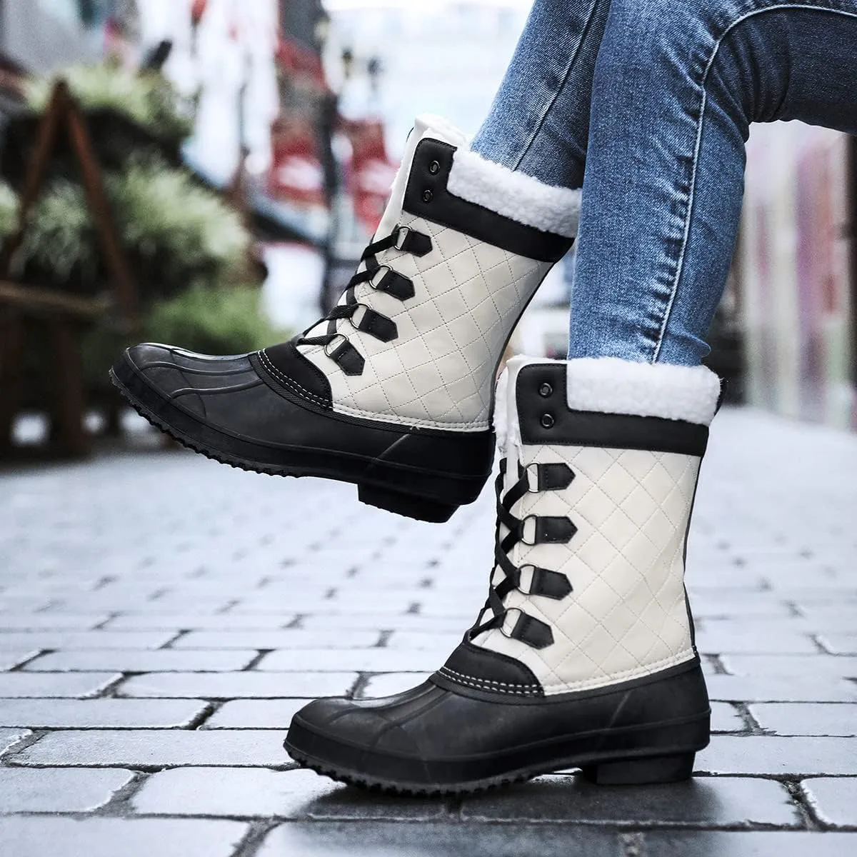 CERYTHRINA Womens Duck Boots Waterproof Warm Snow Boots Outdoor Warm Lined Winter Booties Mid-Calf Rain Boot