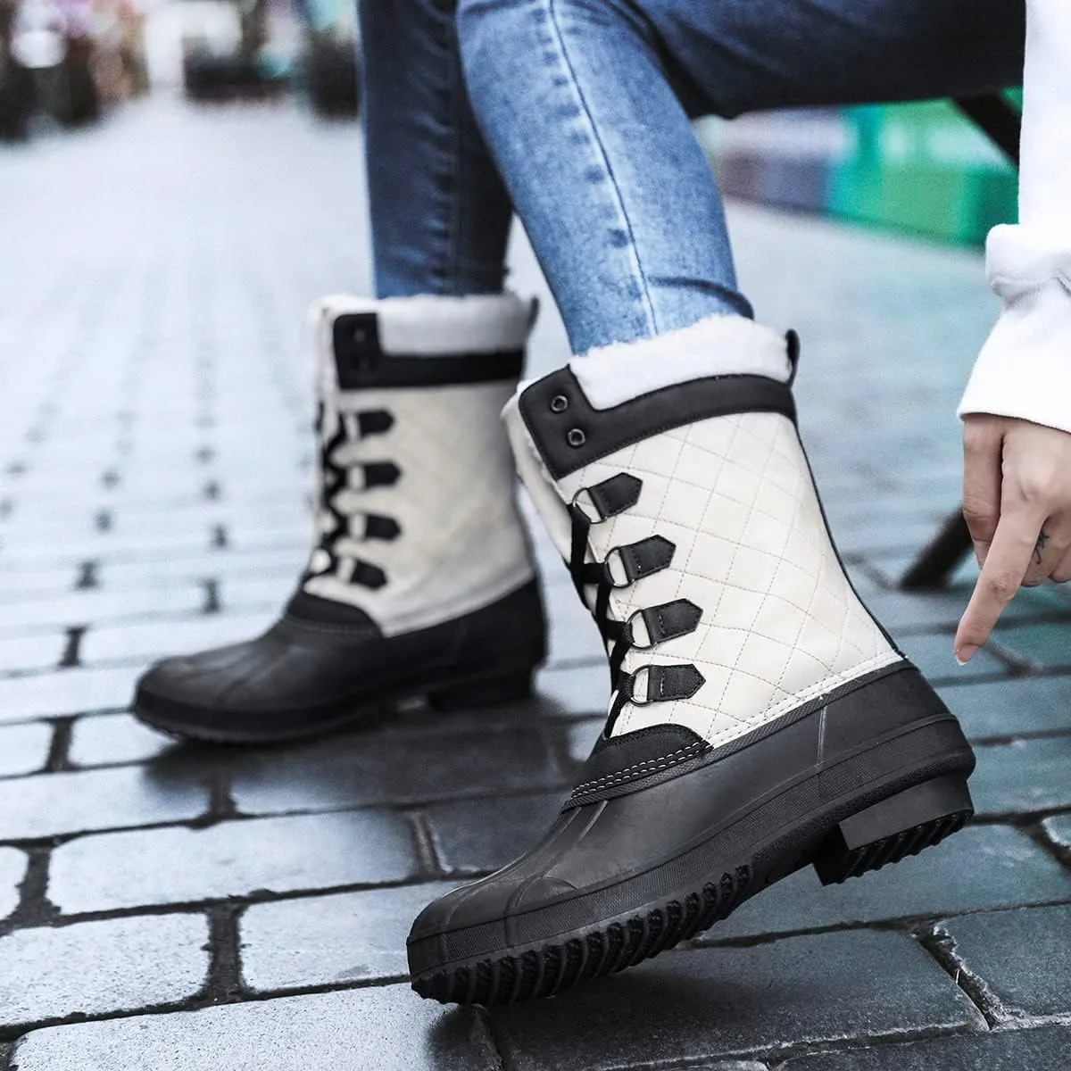 CERYTHRINA Womens Duck Boots Waterproof Warm Snow Boots Outdoor Warm Lined Winter Booties Mid-Calf Rain Boot