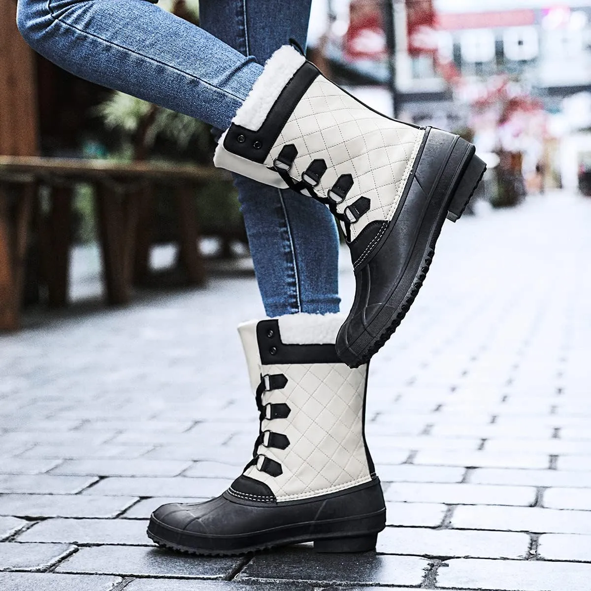 CERYTHRINA Womens Duck Boots Waterproof Warm Snow Boots Outdoor Warm Lined Winter Booties Mid-Calf Rain Boot