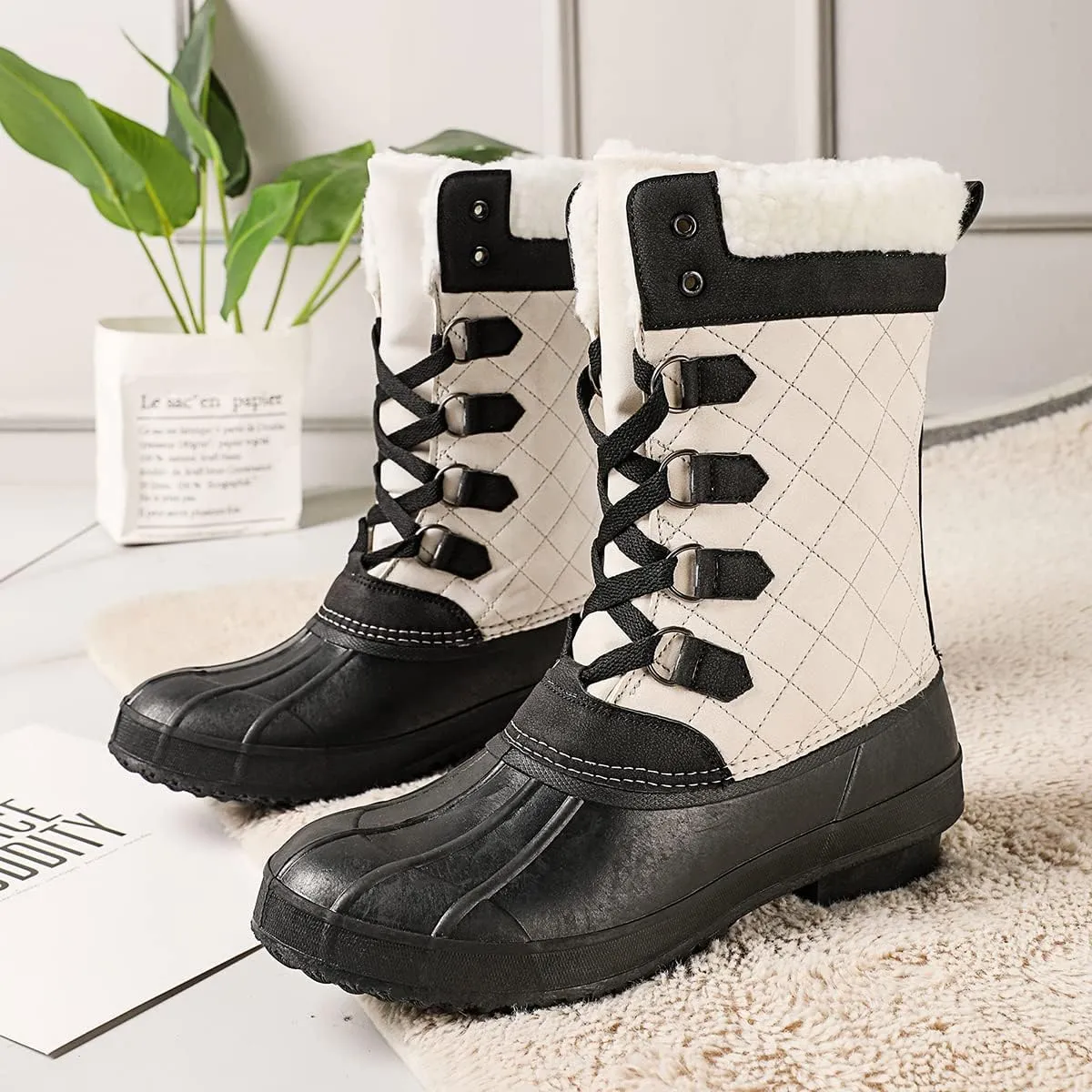 CERYTHRINA Womens Duck Boots Waterproof Warm Snow Boots Outdoor Warm Lined Winter Booties Mid-Calf Rain Boot