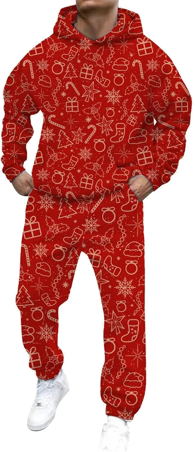 Christmas Tracksuit for Men 2 Piece Xmas Printed Long Sleeve Hooded Sweatshirt Long Pants Trendy Loose Winter Outfits
