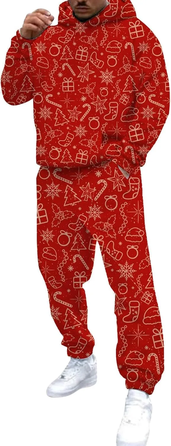Christmas Tracksuit for Men 2 Piece Xmas Printed Long Sleeve Hooded Sweatshirt Long Pants Trendy Loose Winter Outfits