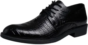 Classic Crocodile Pattern Men's Shoes, Men's Black Lace-up Leather Dress Shoes, English Casual Loafers, Breathable Formal Business Shoes