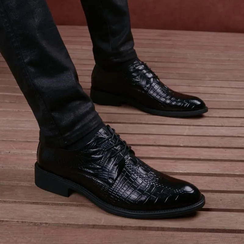 Classic Crocodile Pattern Men's Shoes, Men's Black Lace-up Leather Dress Shoes, English Casual Loafers, Breathable Formal Business Shoes
