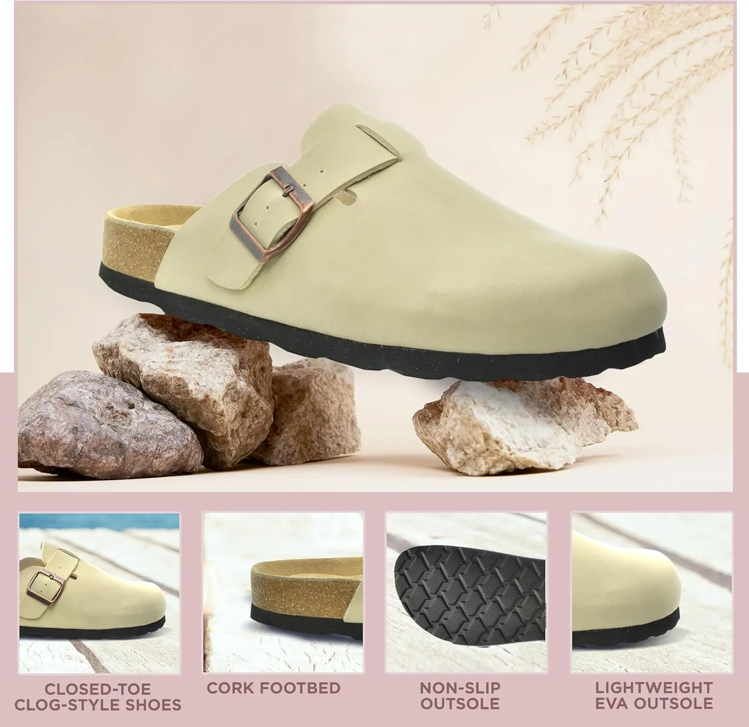 CLOUDAIR Farah Women's Clogs with Arch Support and Cork Footbed, Closed Toe Mules, House Slippers, Slip-On Design