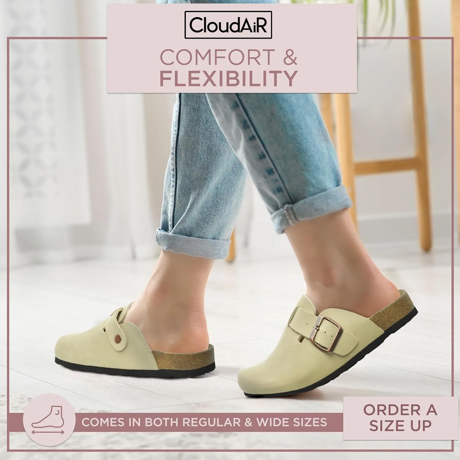 CLOUDAIR Farah Women's Clogs with Arch Support and Cork Footbed, Closed Toe Mules, House Slippers, Slip-On Design