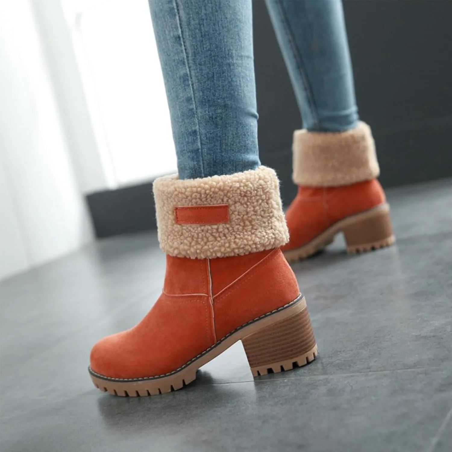 CLOUDEMO Winter Boots for Women, Women's Chunky Heel Round Toe Snow Boots, Seniors' Chunky Heel Winter Boots, Comfortable Mid Chunky Heel Suede Warm Fur Lined Boots