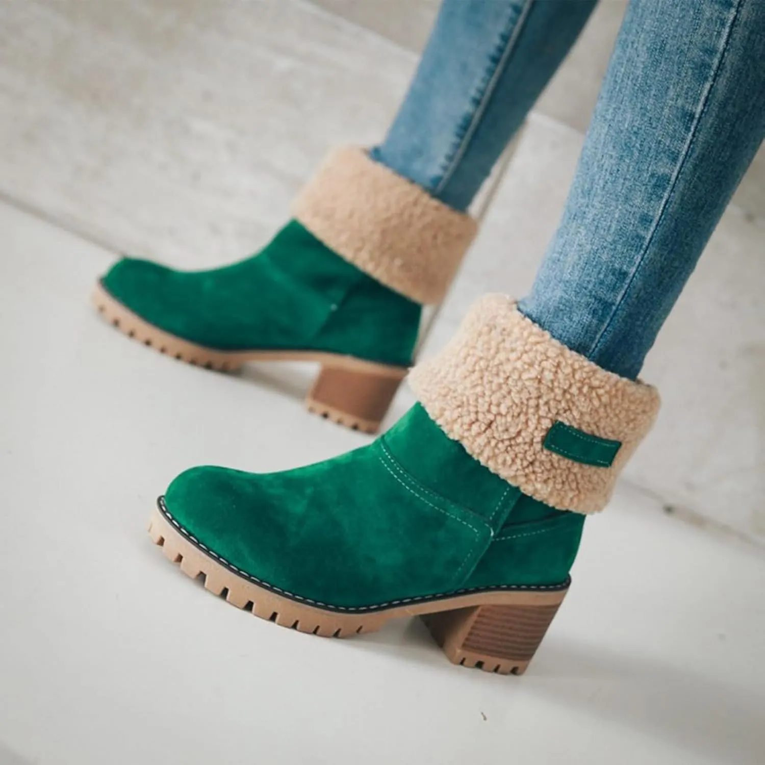 CLOUDEMO Winter Boots for Women, Women's Chunky Heel Round Toe Snow Boots, Seniors' Chunky Heel Winter Boots, Comfortable Mid Chunky Heel Suede Warm Fur Lined Boots