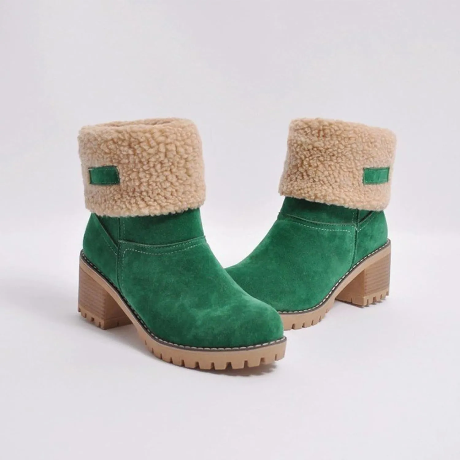 CLOUDEMO Winter Boots for Women, Women's Chunky Heel Round Toe Snow Boots, Seniors' Chunky Heel Winter Boots, Comfortable Mid Chunky Heel Suede Warm Fur Lined Boots
