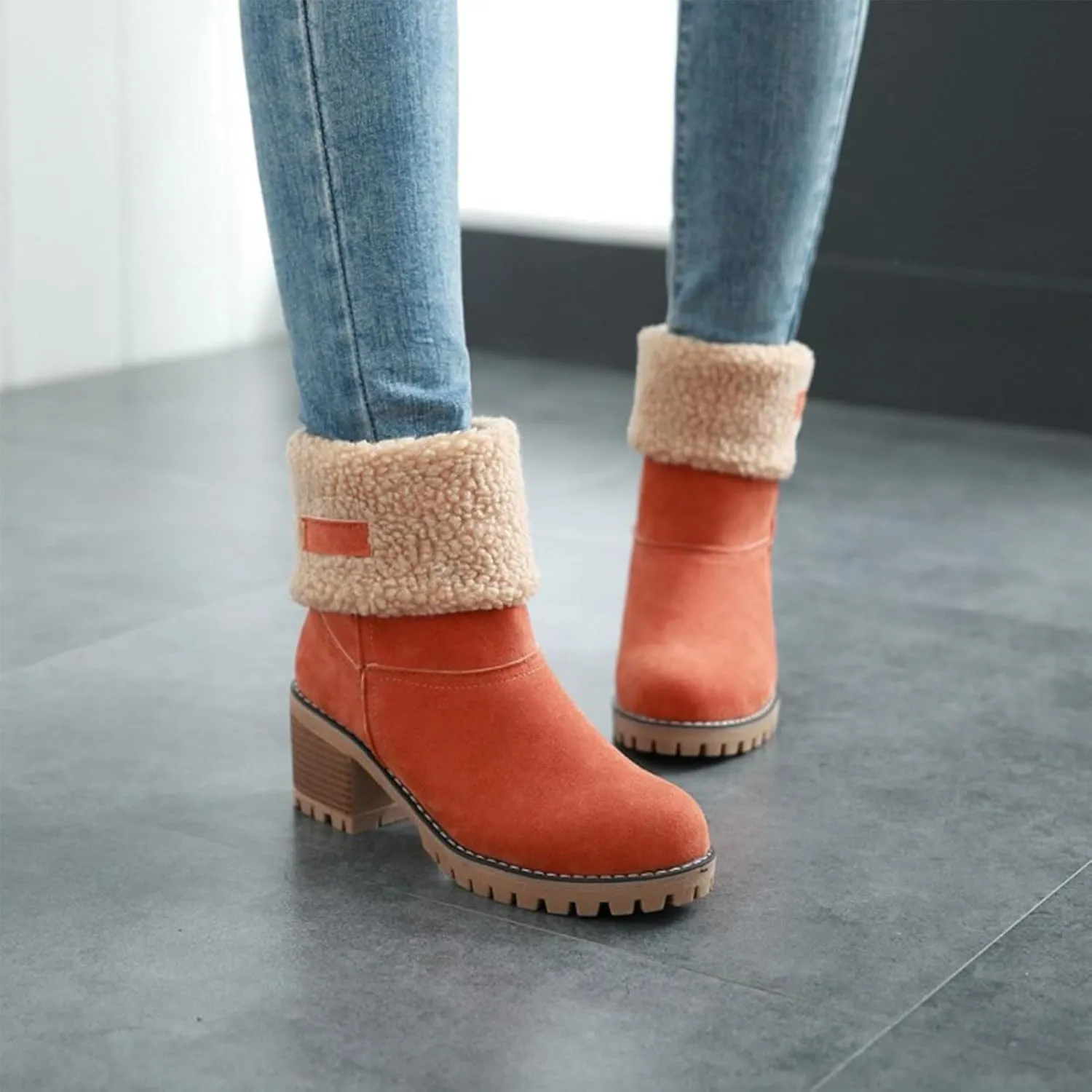 CLOUDEMO Winter Boots for Women, Women's Chunky Heel Round Toe Snow Boots, Seniors' Chunky Heel Winter Boots, Comfortable Mid Chunky Heel Suede Warm Fur Lined Boots