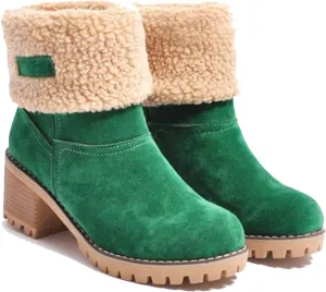 CLOUDEMO Winter Boots for Women, Women's Chunky Heel Round Toe Snow Boots, Seniors' Chunky Heel Winter Boots, Comfortable Mid Chunky Heel Suede Warm Fur Lined Boots